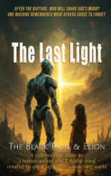 muted image om orange and brown dystopian landscape with a robot and little girl facing a light in the sky that looks like a cross