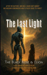 muted image om orange and brown dystopian landscape with a robot and little girl facing a light in the sky that looks like a cross